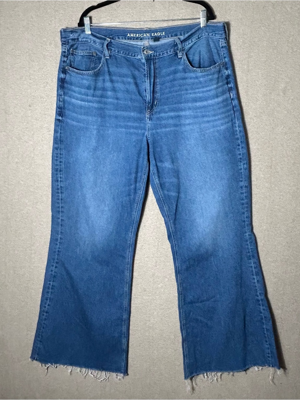 American Eagle Low Rise Baggy Flare Jeans Womens 18R Raw Hem Whiskered Denim